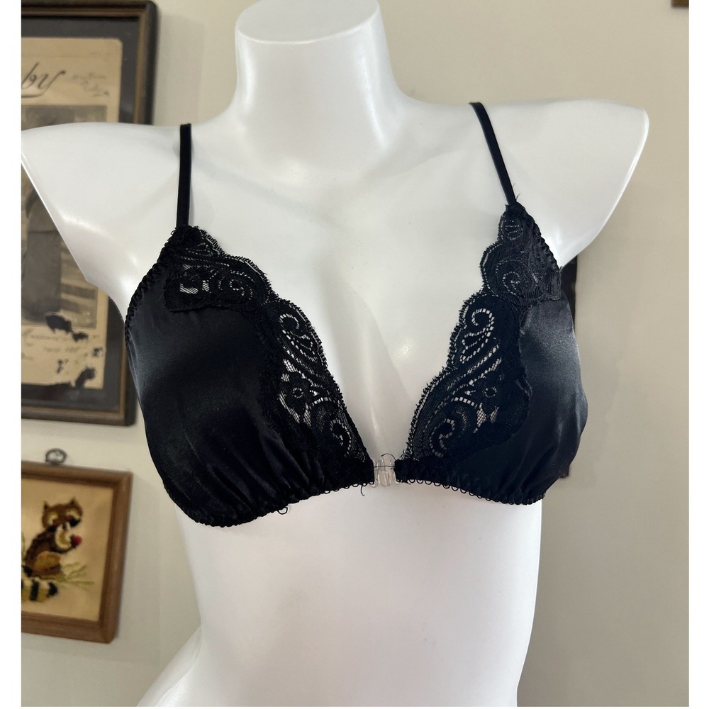 Barbizon Vintage Black Satin and Lace Bralette Size 36